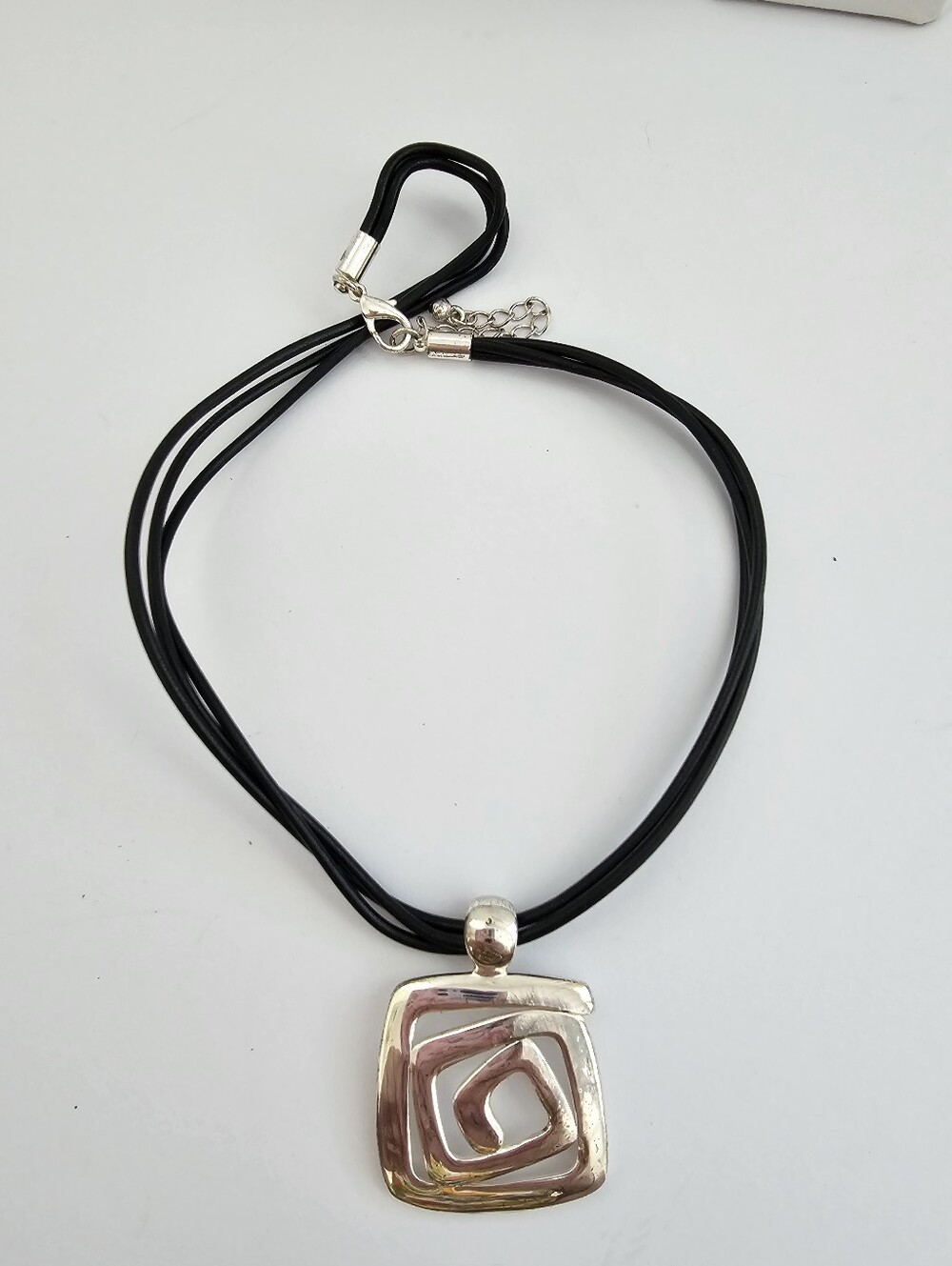 Modernist Geometric Spiral Pendant Necklace Black Multi Strand Cord Abstract